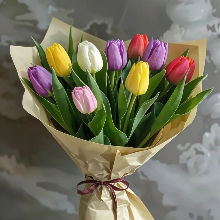 Букет 9 разноцветных тюльпанов